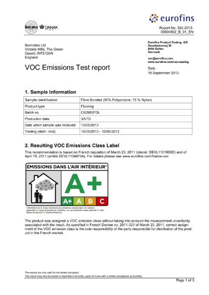 VOC Emissions Test report Fibre bonded  (85% pp & 15% nylon)