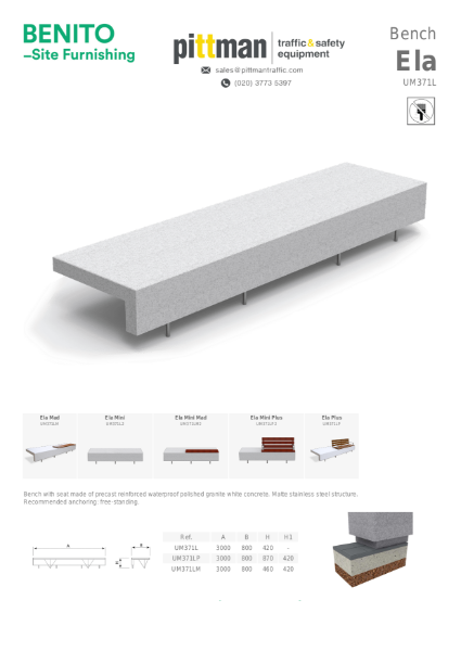 Benito Ela Concrete Bench Data Sheet