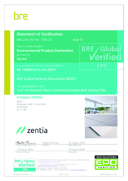 Oplia hA+ Environmental Product Declaration Mineral Fibre Suspended Ceiling Tile EPD Number 000724