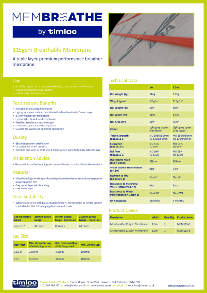 Timloc Building Products 115 gsm Breathable Membrane Datasheet