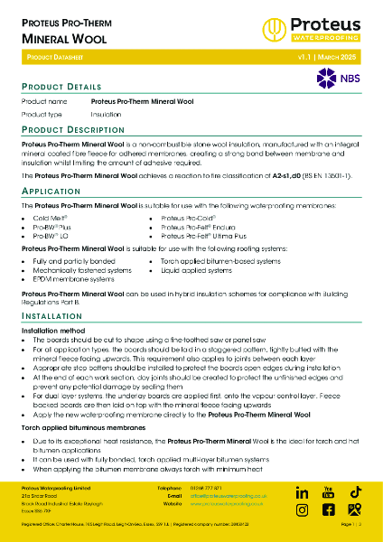 Product Data Sheet - Proteus Pro-Therm Mineral Wool