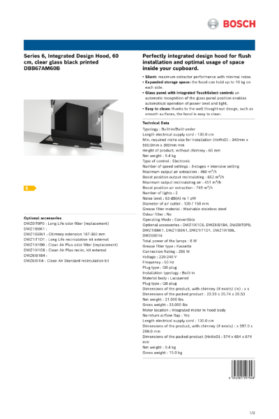 Series 6, Integrated Design Hood, 60
cm, clear glass black printed
DBB67AM60B