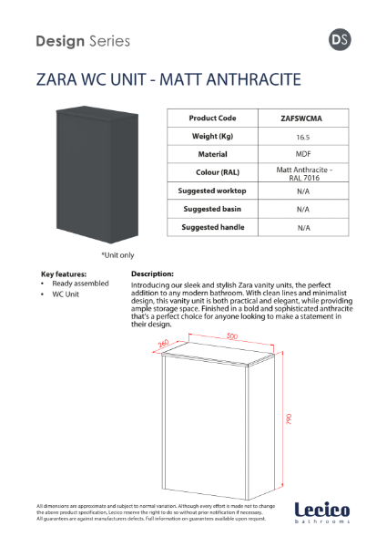 Zara WC Unit - Matt Anthracite