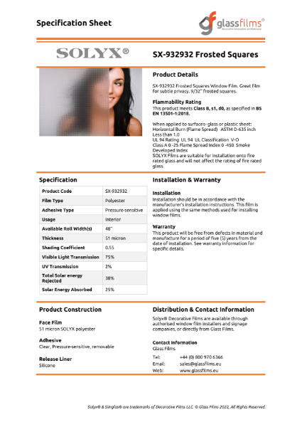 SX-932932 Frosted Squares Specification Sheet