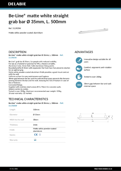 Be-Line® Grab Bars - White, 500 mm Product Data Sheet