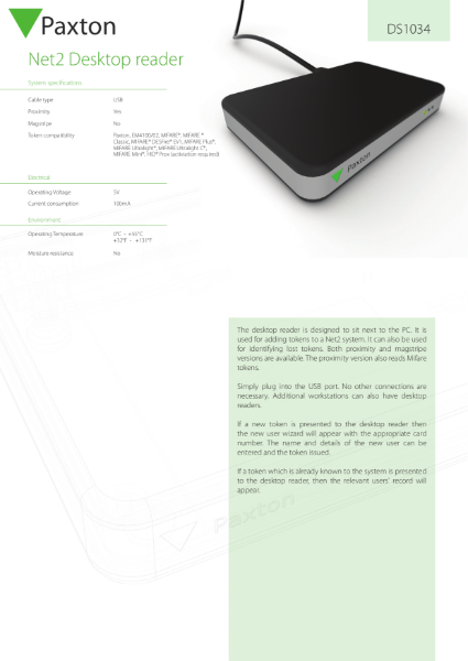 Net2 desktop Reader, USB - data sheet