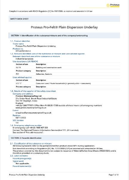 Safety Data Sheet - Proteus Pro-Felt Plain Dispersion Underlay