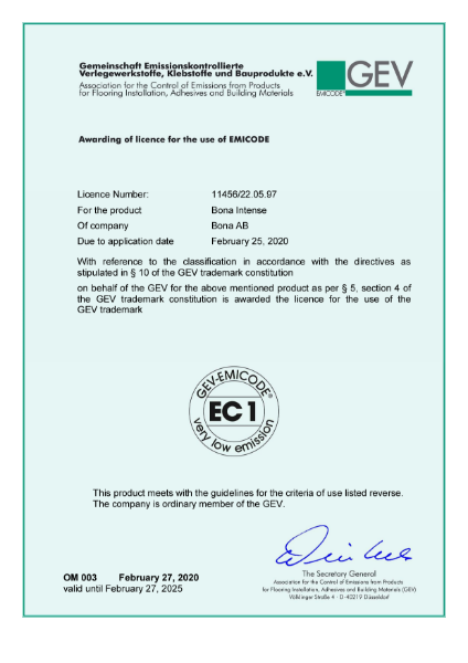Bona Intense - EC1 PLUS - Emicode, GEV license/ certificate