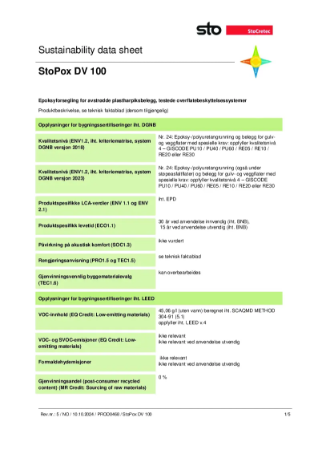 Datablad om bærekraft - StoPox DV 100 Sett Farget