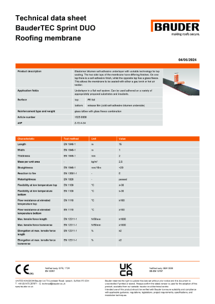 BauderTEC Sprint DUO Underlayer - Technical Data Sheet