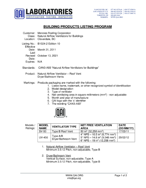 CAN-A93 NATURAL AIRFLOW VENTILATORS FOR BUILDINGS