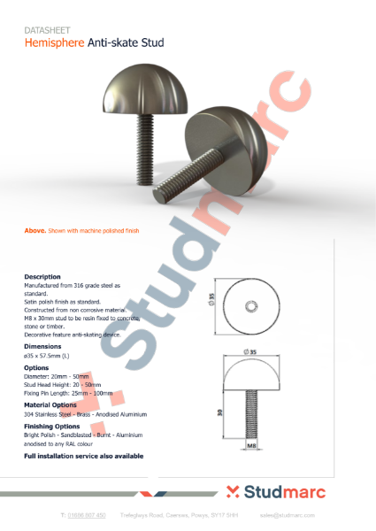 Anti-Skate Hemisphere Stud - Datasheet