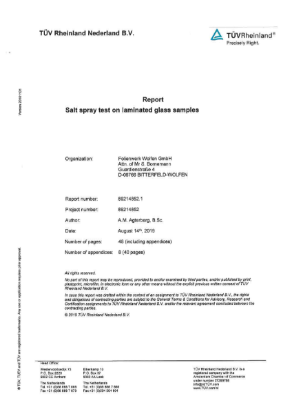 Test report Salt spray test TÜV Rheinland (Netherland), Report 89214852