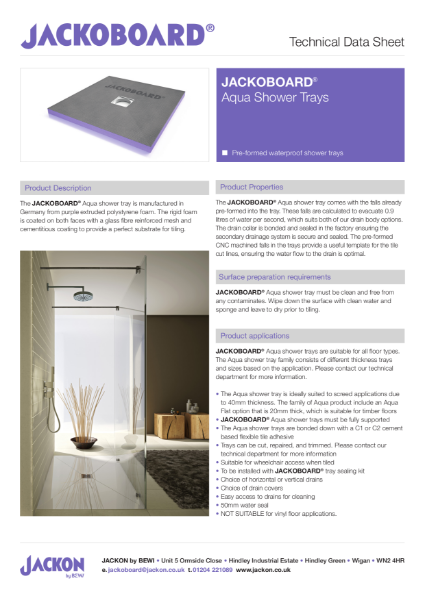 JACKOBOARD® Aqua Shower Trays Technical Data Sheet