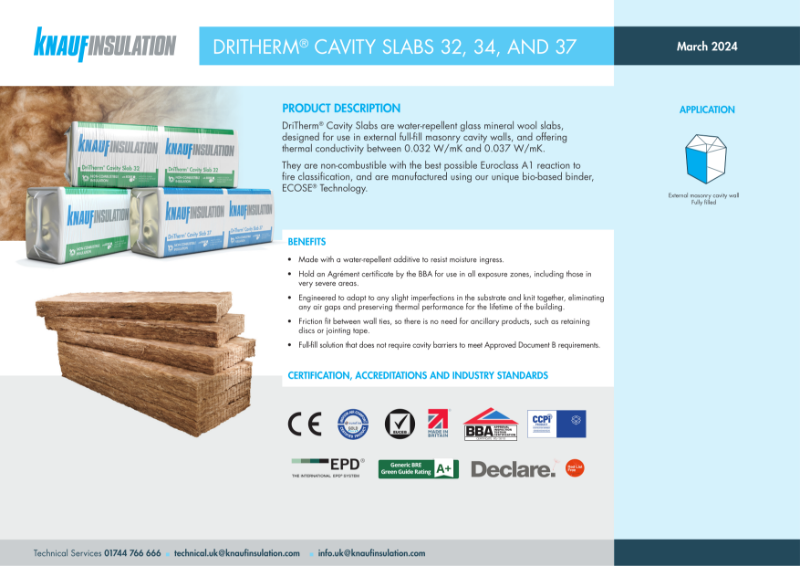 Knauf Insulation DriTherm® Cavity Slabs - Product Datasheet