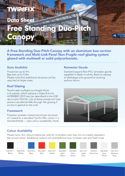 Free-standing Duo-Pitch Canopy Data Sheet