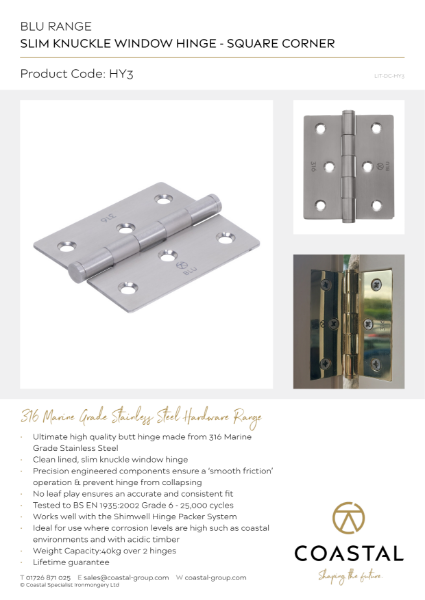 BLU™ - HY3 Slim Knuckle Window Hinge Data Card