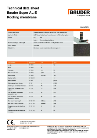 Bauder Super AL-E Air and Vapour Control Layer - Technical Data Sheet