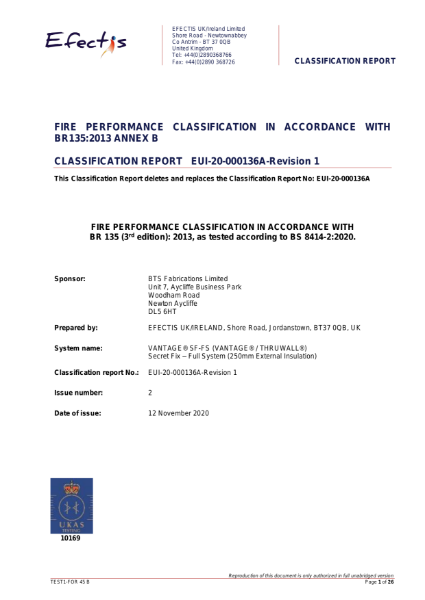 Vantage® SF : Fire Performance Classification in Accordance With BR 135:2013 annex B