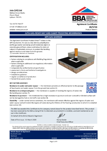 BBA Certificate 
JUTA GP4 Gas Barrier 
20/5728 - Product Sheet 5