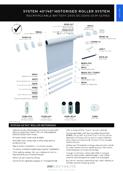 Roller System 40® Lithium Rechargeable Battery 2000 DC Series Motor Technical Specification