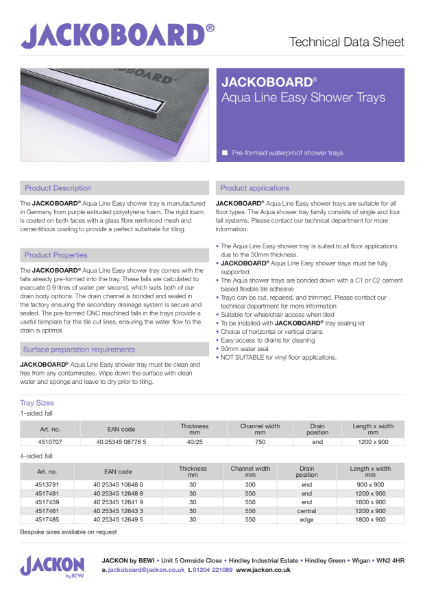 JACKOBOARD® Aqua Line Easy Shower Tray Technical Data Sheet