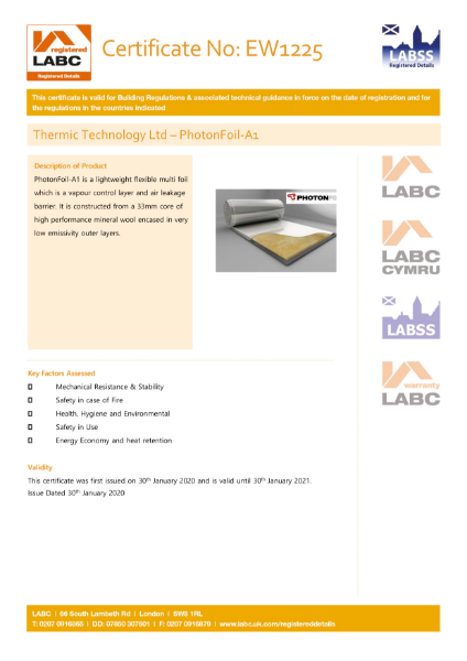 PhotonFoil-A1 (non-combustible) LABC Registered