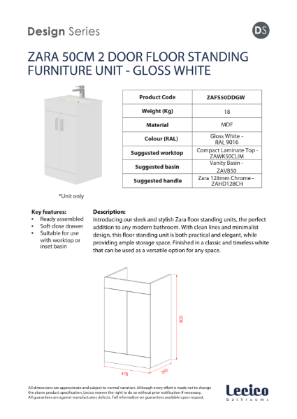 Zara 50 cm 2 Door Floor Standing Unit - Gloss White