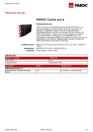 Datablad - PAROC Cortex pro b | Paroc AS | Lattira Source