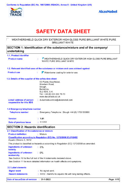 Weathershield Quick Dry Exterior High Gloss - Safety Data Sheet