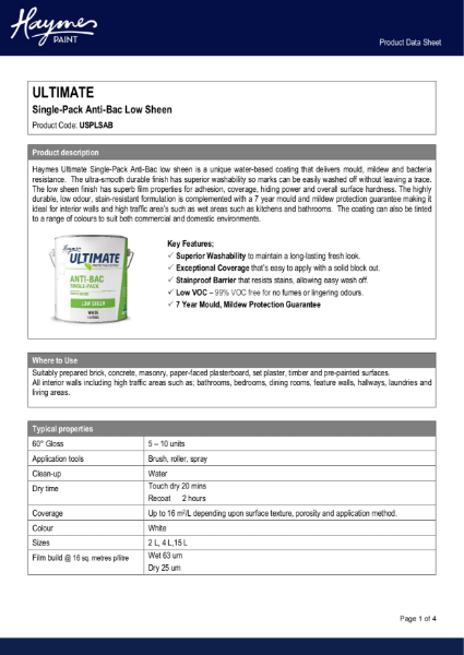 Ultimate Single Pack Anti Bac Low Sheen Product Data Sheet