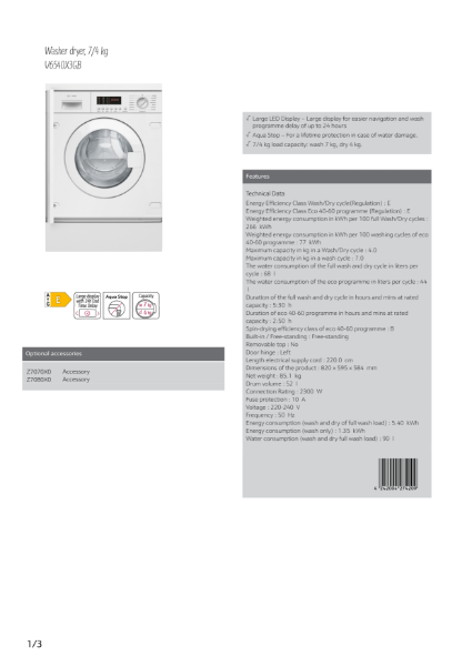 Built in Front Loading Washer Dryer, V6540X3GB Datasheet