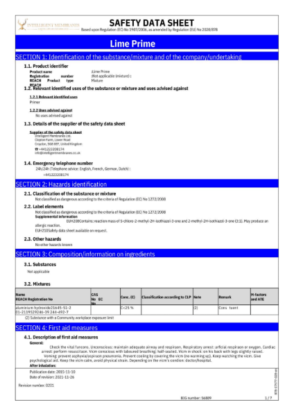 Lime Prime Safety Data Sheet (COSHH)