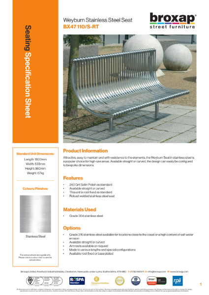 Weyburn Stainless Steel Seat Specification Sheet