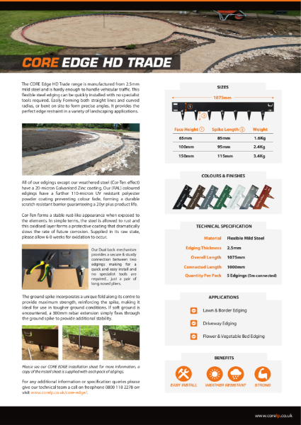 CORE EDGE HD Trade Metal Edging Specification Sheet