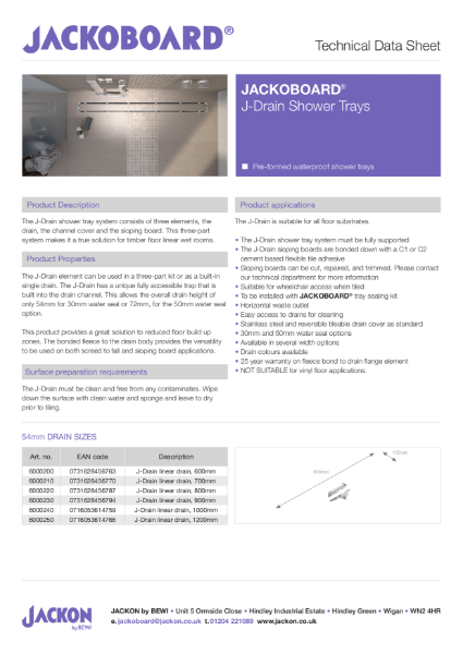 JACKOBOARD® J-Drain Shower Trays Technical Data Sheet