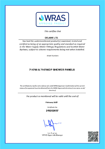 WRAS Certificate - 714700 & 714700DP Shower Panels