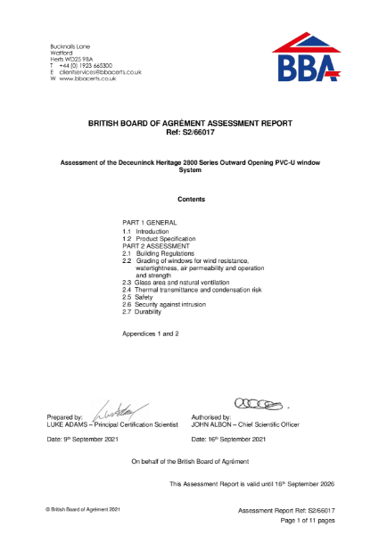 Heritage 2800 Casement BBA Approval Assessment Report