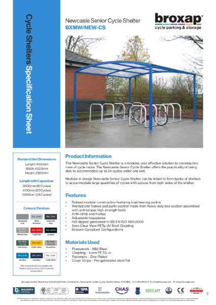 Newcastle Senior Cycle Shelter Specification Sheet