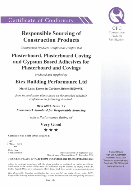BES6001 Responsible Sourcing Certificate for Etex/Siniat