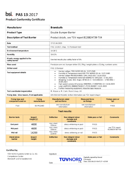 Double Bumper Barrier - PAS 13 Compliance Certificate - TÜV NORD