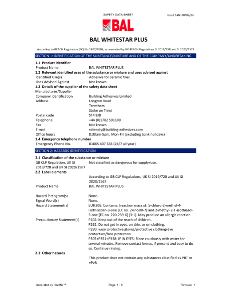 BAL White Star Plus - Material Safety Datasheet