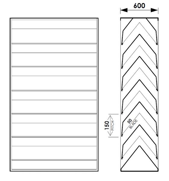 Acoustic Louvre Model AL3015D, 600 mm deep Double Bank Chevron Blades - 150 mm Pitch Horizontal Metal Louvres