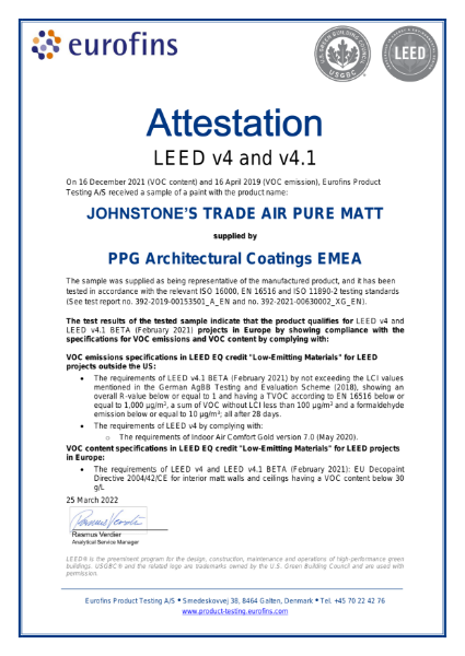 Eurofins Attestation LEED v4 and v4.1 Johnstone's Trade Air Pure Matt