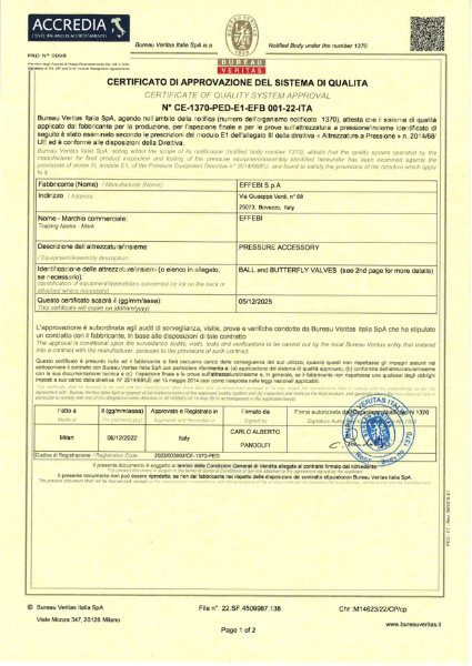 Effebi Ball Valves PED Certificate