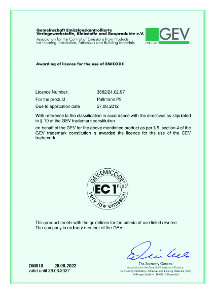 EC1 Certificate for PALLMANN P9 Wood Adhesive