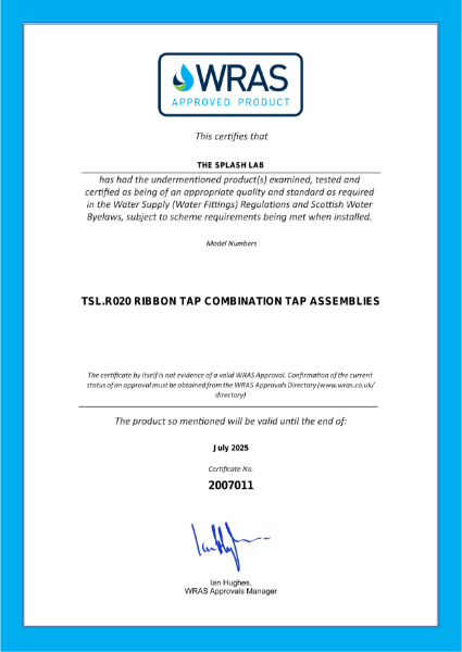 Ribbon Tap WRAS Certificate