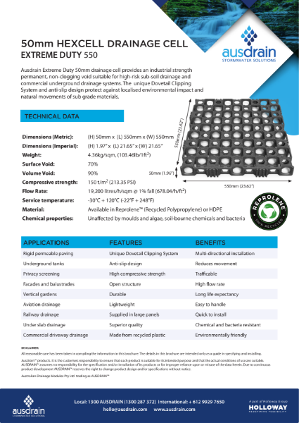 50mm HexCell Drainage Cell Technical Data Sheet