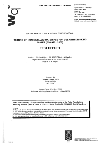 TRADECC PC Leakingject UNI 6816 E Certification – Drinking Water