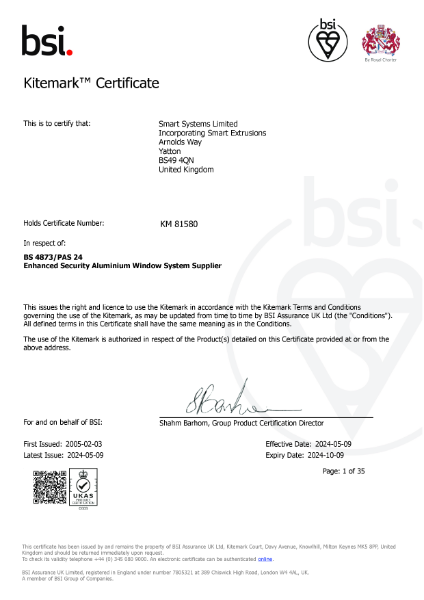 BS KITEMARK KM 81580 BS4873 PAS 24 Enhance Security Aluminium Window System Supplier
British Standard Kitemark Certificate